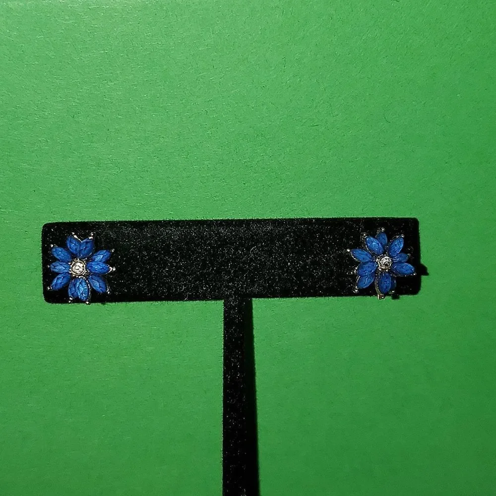 Earrings, Blue Crystal Glass Stones with Cubic Zirconia in the Center.